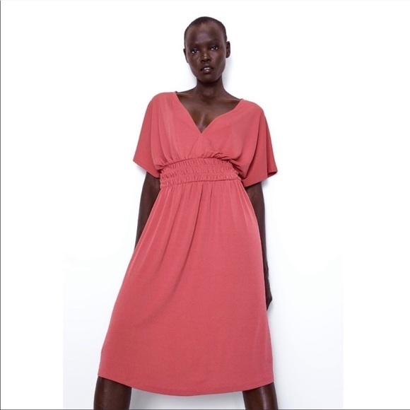 Zara Smocked V Neck with Elastic Waist Dress in Pink‎ Size Medium - Picture 1 of 9